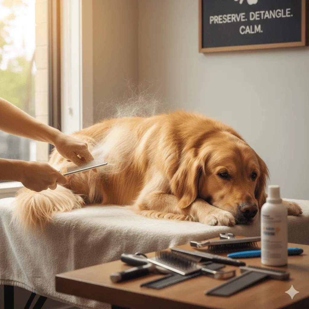 Remoção dos nós e desembaraço da pelagem, preservando os fios e diminuindo o stress do animal.